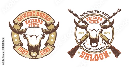 Western retro logo - buffalo skull with crossed rifles. Wild west vintage emblem. Vector illustration. Worn texture on separate layer.