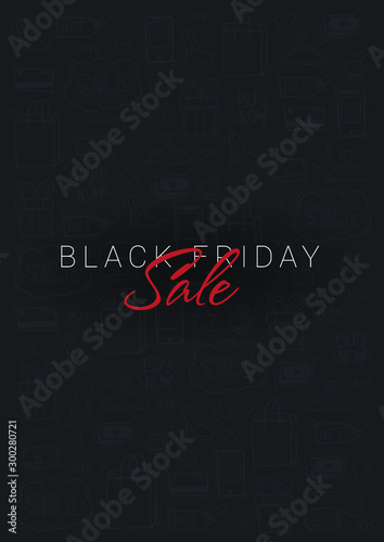 Black Friday banner with hand draw doodle background. Season of Sale.