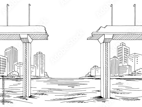 Broken bridge graphic black white landscape city sketch illustration vector