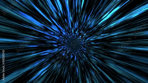 Space warp speed through wormehole as since fiction universe teleport with cosmic design light rays. Space transport concept with blue light trails photo