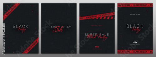 Set of Black Friday banners with red ribbons. Season of Sale.