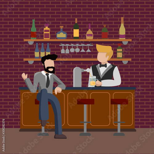 Young businessman in suit sitting at bar counter in friday night. Guy orders a glass of  beer. Pub bartender serving client. Bar beer tap pump, stools, bottles. Drinking establishment