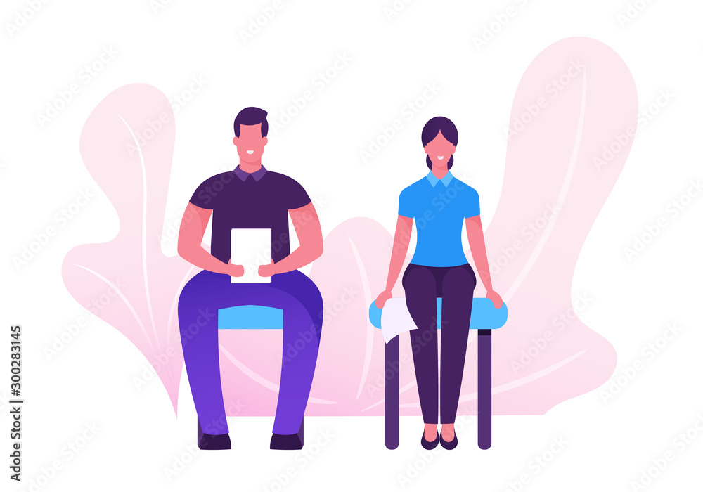Confident Serious Young Man and Woman with Cv Sitting on Chairs in Waiting Room Setting Mind Up Before Job Interview or Meeting with Potential Business Partners. Cartoon Flat Vector Illustration Confident Serious Young Man and Woman with Cv Sitting on Chairs in Waiting Room Setting Mind Up Before Job Interview or Meeting with Potential Business Partners. Cartoon Flat Vector Illustration