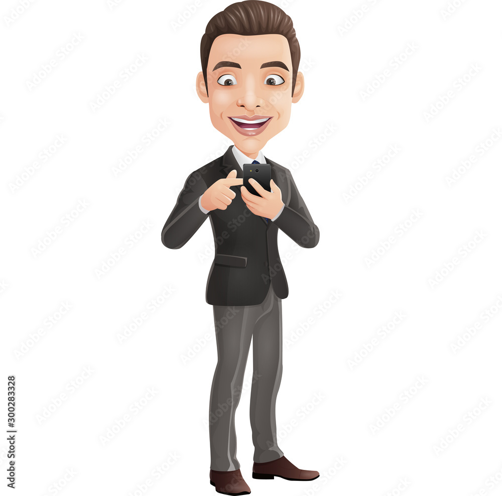 Happy businessman holding mobile phone and pointing on the screen Happy businessman holding mobile phone and pointing on the screen
