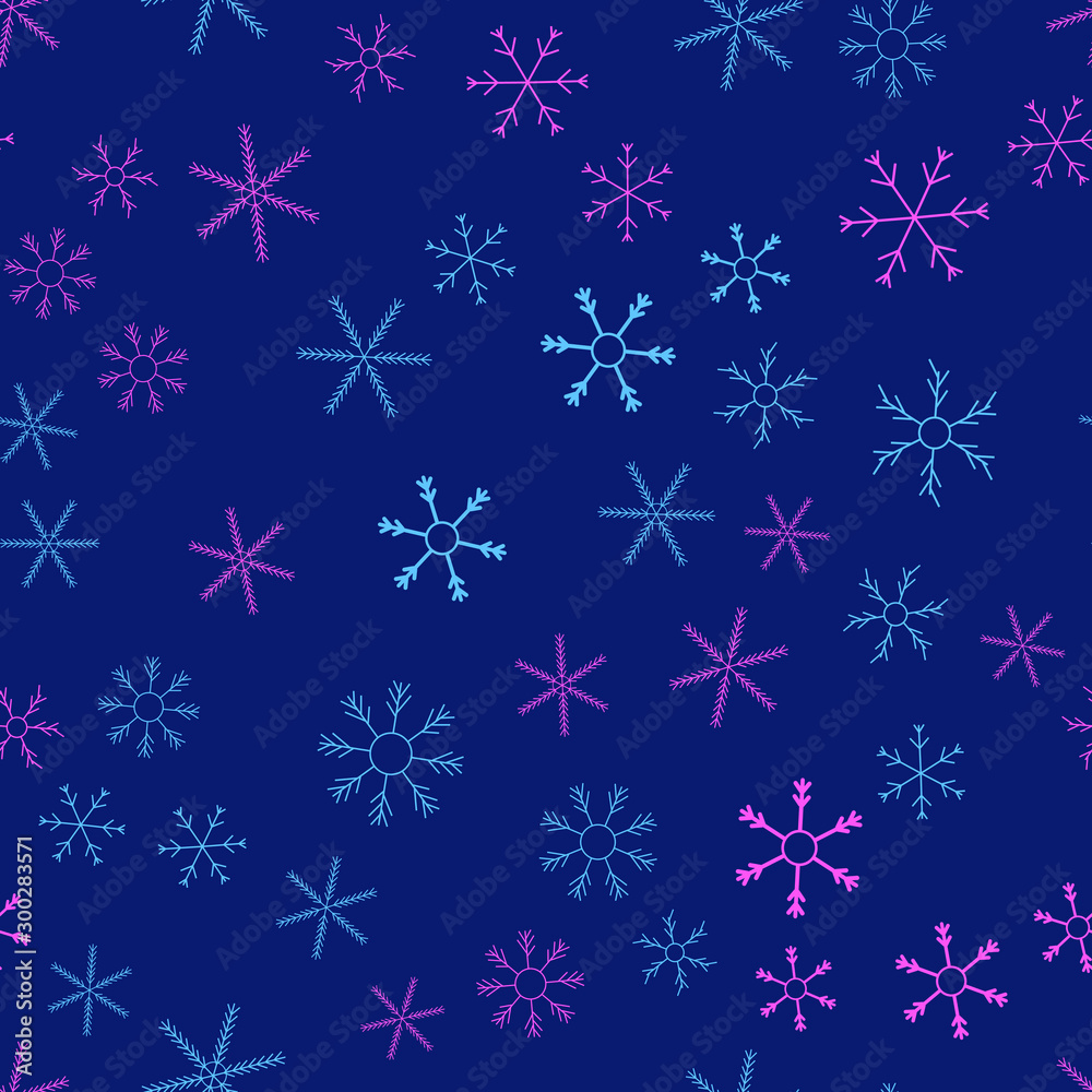 Snowflakes in different shapes and forms. Merry Christmas and New Year seamless vector pattern. Colorful background for Xmas. Snowflakes in different shapes and forms. Merry Christmas and New Year seamless vector pattern. Colorful background for Xmas.