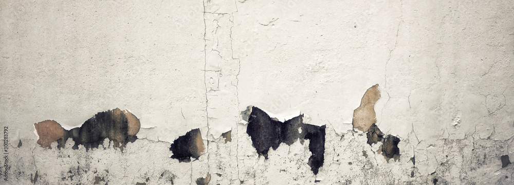 Old Wall with Moldy Peeling White Painting from Humidity. Cracked White Wall as Rusty Concrete Weathered Wall Grunge Background or Abstract Backdrop Wallpaper Vintage Texture Design Copy Space Text - obrazy, fototapety, plakaty 
