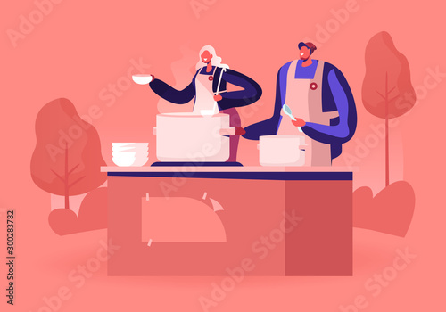 Volunteers Serving Food to Homeless People. Young Man and Woman Wearing Chief Uniform Aprons Pouring Warm Food to Plate for Beggars. Night Shelter Emergency Housing. Cartoon Flat Vector Illustration