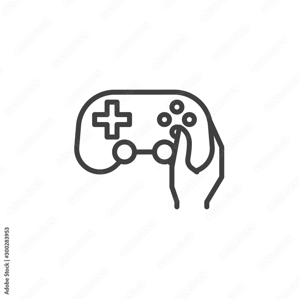 Hand with gamepad joystick line icon. linear style sign for mobile concept and web design. Hand holding game controller outline vector icon. Symbol, logo illustration. Vector graphics