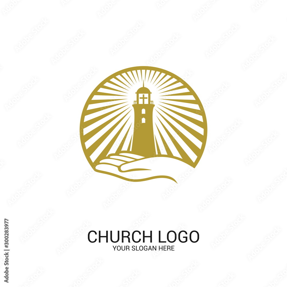 Church logo. Christian symbols. God holds the beacon of truth