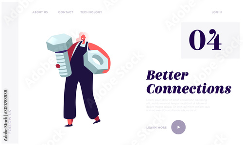 Repair Service Female Call Master Website Landing Page. Female Character Holding Huge Screw and Nut in Hands for Fixing Broken Technics at Home Web Page Banner. Cartoon Flat Vector Illustration