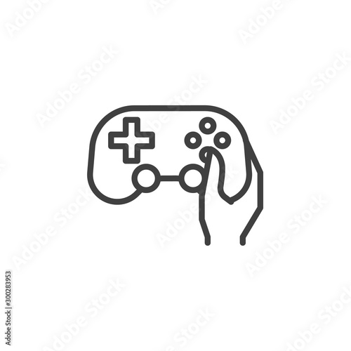 Hand with gamepad joystick line icon. linear style sign for mobile concept and web design. Hand holding game controller outline vector icon. Symbol, logo illustration. Vector graphics