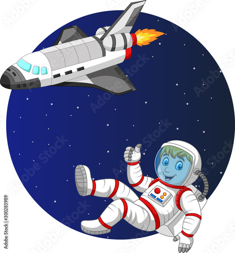 Cartoon boy astronaut with space shuttle