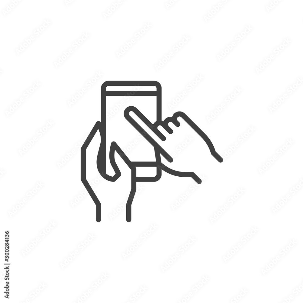 Mobile phone touch screen line icon. linear style sign for mobile concept and web design. Hands using smartphone outline vector icon. Symbol, logo illustration. Vector graphics Mobile phone touch screen line icon. linear style sign for mobile concept and web design. Hands using smartphone outline vector icon. Symbol, logo illustration. Vector graphics