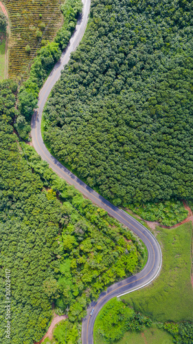 Aerial view of Rural road in countryside area, view from drone