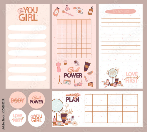 Collection of weekly or daily planner, note paper, to do list, stickers templates decorated by Girl Power concept and beauty cosmetic illustrations and inspirational quote. Vector Illustration.