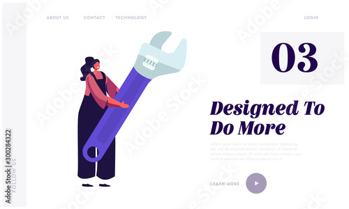 Handyman Woman Fixing Broken Technics at Home Website Landing Page. Female Character with Tool. Tiny Girl in Overalls Holding Huge Wrench in Hands Web Page Banner. Cartoon Flat Vector Illustration
