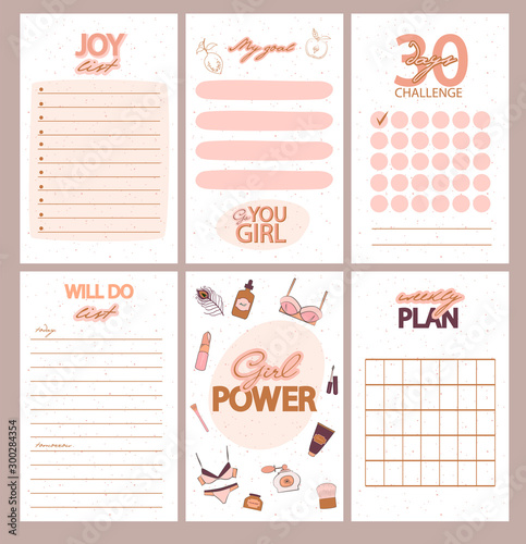 Collection of weekly or daily planner, note paper, to do list, stickers templates decorated by Girl Power concept and beauty cosmetic illustrations and inspirational quote. Vector Illustration.