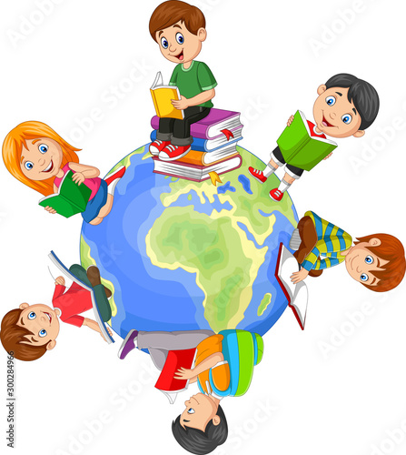 Children reading book around the world
