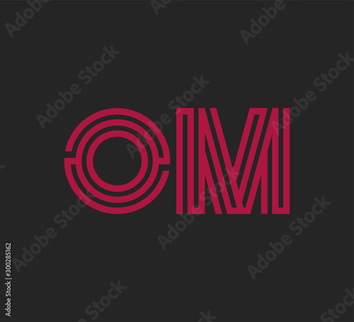 Initial two letter red line shape logo on black vector OM