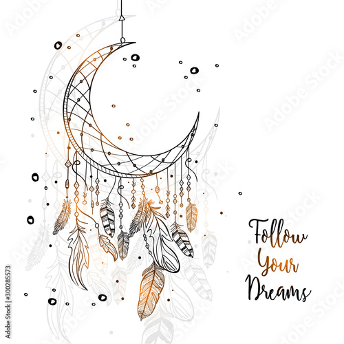 Hand drawn Dream Catcher with Crescent Moon.