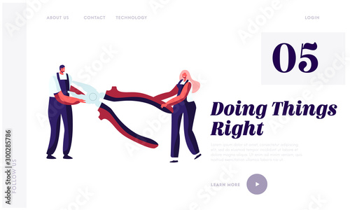 Repair Home Service, Electrician Call Master Website Landing Page. Tiny Man and Woman in Worker Uniform Holding Huge Pliers for Fixing Broken Technics Web Page Banner. Cartoon Flat Vector Illustration