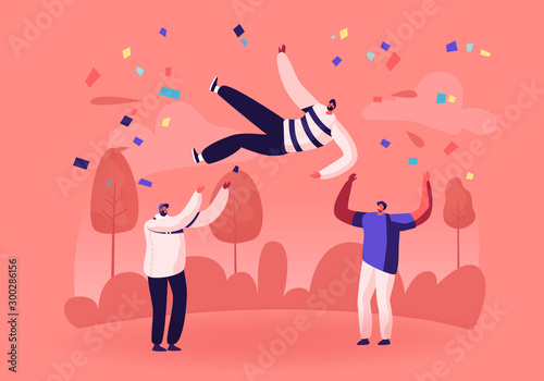 Cheerful Business Team or Good Friends Tossing in Air Man with Festive Confetti around. Businesspeople Celebrate Victory Throwing Colleague Up. Success Celebration Cartoon Flat Vector Illustration