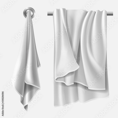 Towel mockup, textile blank folded wiper sheet hanging on hanger in kitchen and heater pipe in bathroom. Design elements mock up isolated on white background Realistic 3d vector illustration, clip art