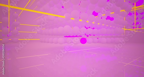 Abstract architectural smooth white interior from an array of white spheres with with color gradient neon lighting. 3D illustration and rendering.