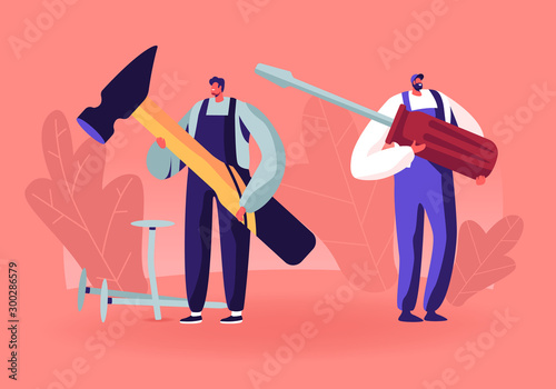 Men in Uniform Holding Huge Tools Hammer and Screwdriver for Fixing Broken Technics Repair Home. Electrician, Plumber Call Master at Work, Husband for an Hour Service Cartoon Flat Vector Illustration