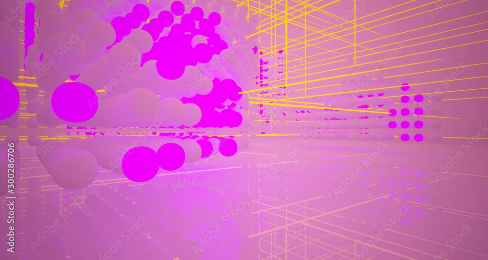Abstract architectural smooth white interior  from an array of white spheres with with color gradient neon lighting. 3D illustration and rendering.