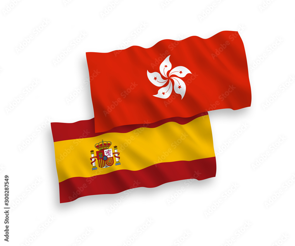 Fototapeta premium National vector fabric wave flags of Hong Kong and Spain isolated on white background. 1 to 2 proportion.