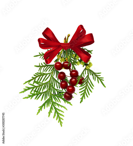Arborvitae green twigs with red berries and silk ribbon bow