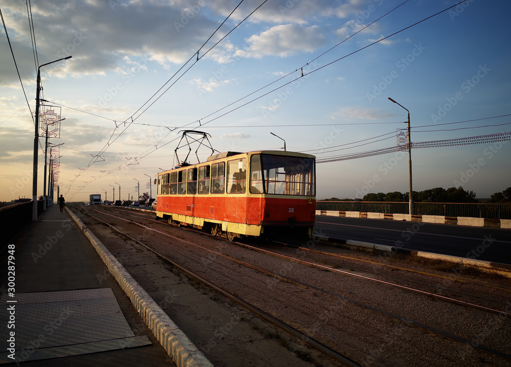 Russian vintage trolley on the road transportation background