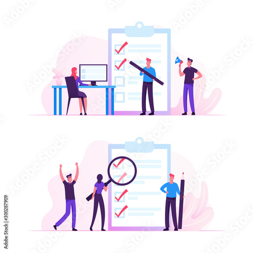 Business People Stand at Huge Clipboard with Check List Filling Marks by Pen Searching Solution and Thinking New Idea. Scheduling, Inspiration Creative Process Concept Cartoon Flat Vector Illustration