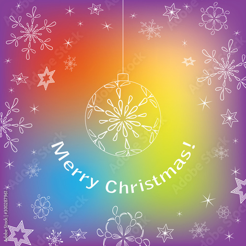 white decorative snowflakes and ball on colorful background - vector christmas greeting card