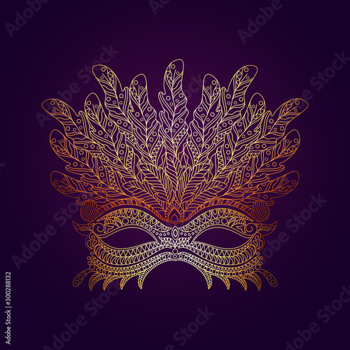Golden Carnival Masquerade Party Mask in Doodle Style.