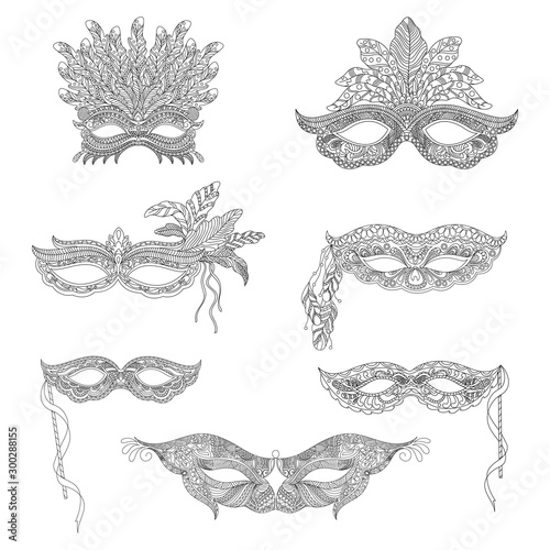  Set of Carnival Masquerade  Mask in Doodle Style.