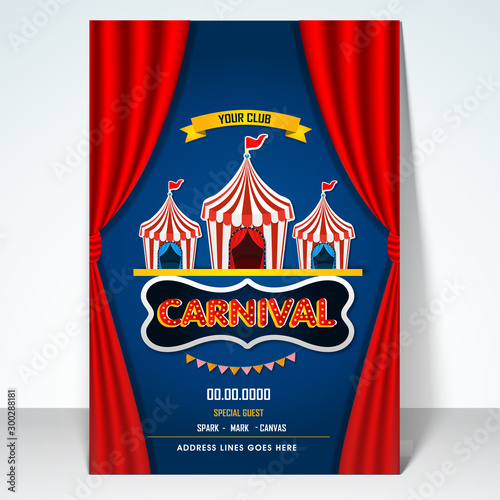 Carnival background with ferris wheel, circus tent, and marquee lights.