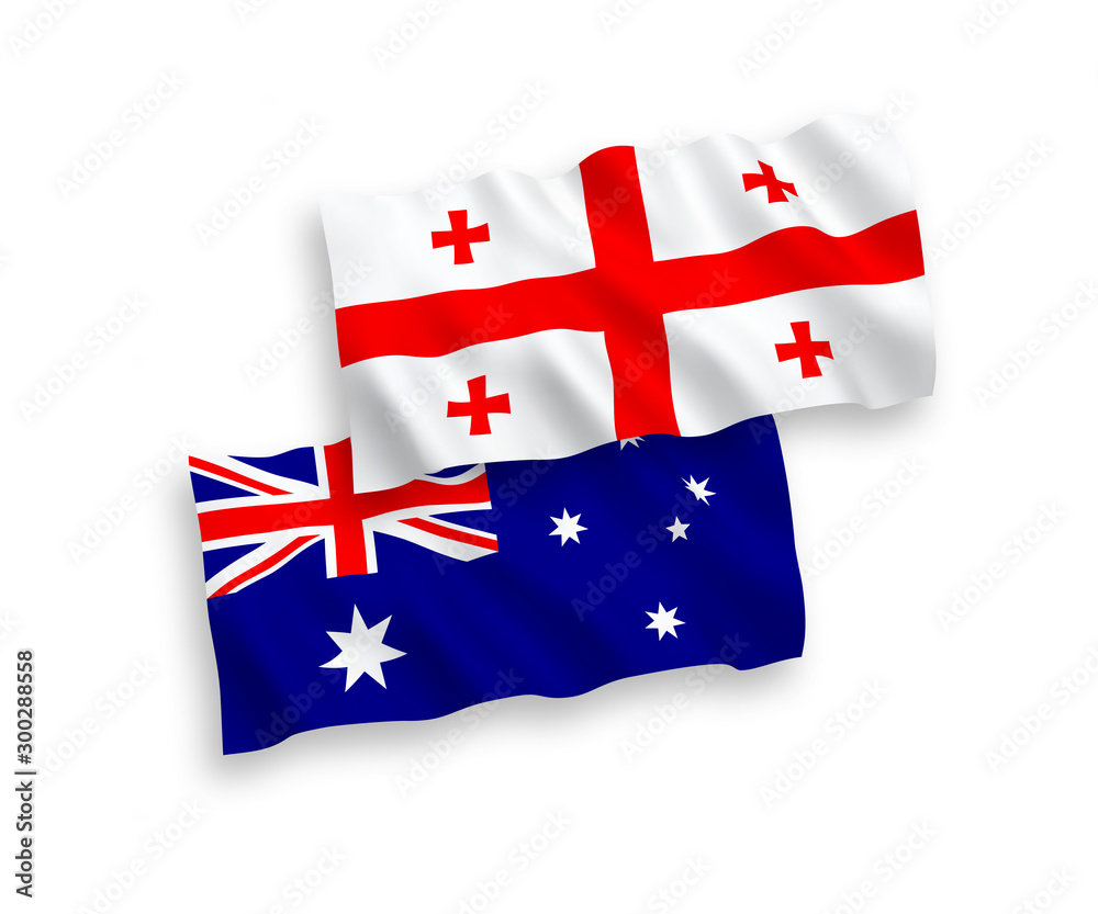 National vector fabric wave flags of Australia and Georgia isolated on white background. 1 to 2 proportion.