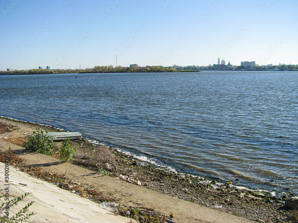 Volga River Flows to the Caspian Sea, View Astrakhan City from Opposite Bank