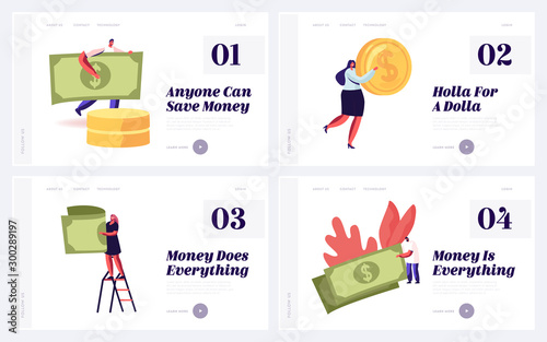 People Earning Saving Money Website Landing Page Set. Tiny Male and Female Characters with Huge Dollar Coin and Banknote. Banking Investment Finance Web Page Banner. Cartoon Flat Vector Illustration
