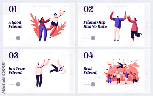 Friendship Human Relations, Happiness Website Landing Page Set. Happy People Good Friends Spending Time Together, Celebrate Party Toss Up Pal in Air Web Page Banner. Cartoon Flat Vector Illustration