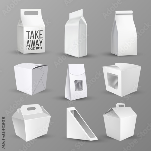 Boxes Collection For Food And Products Set Vector. Different Blank Cardboard Boxes And Foil Or Paper Bags For Take Away Nutrition. Container For Packing Lunch Template Realistic 3d Illustrations