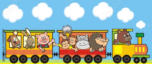 Group of animals in the train, funny vector illustration on blue background. Dog, hare, pig,  monkeys, osrich, hippo, lion and bear at steam strain. Cute icon for children.