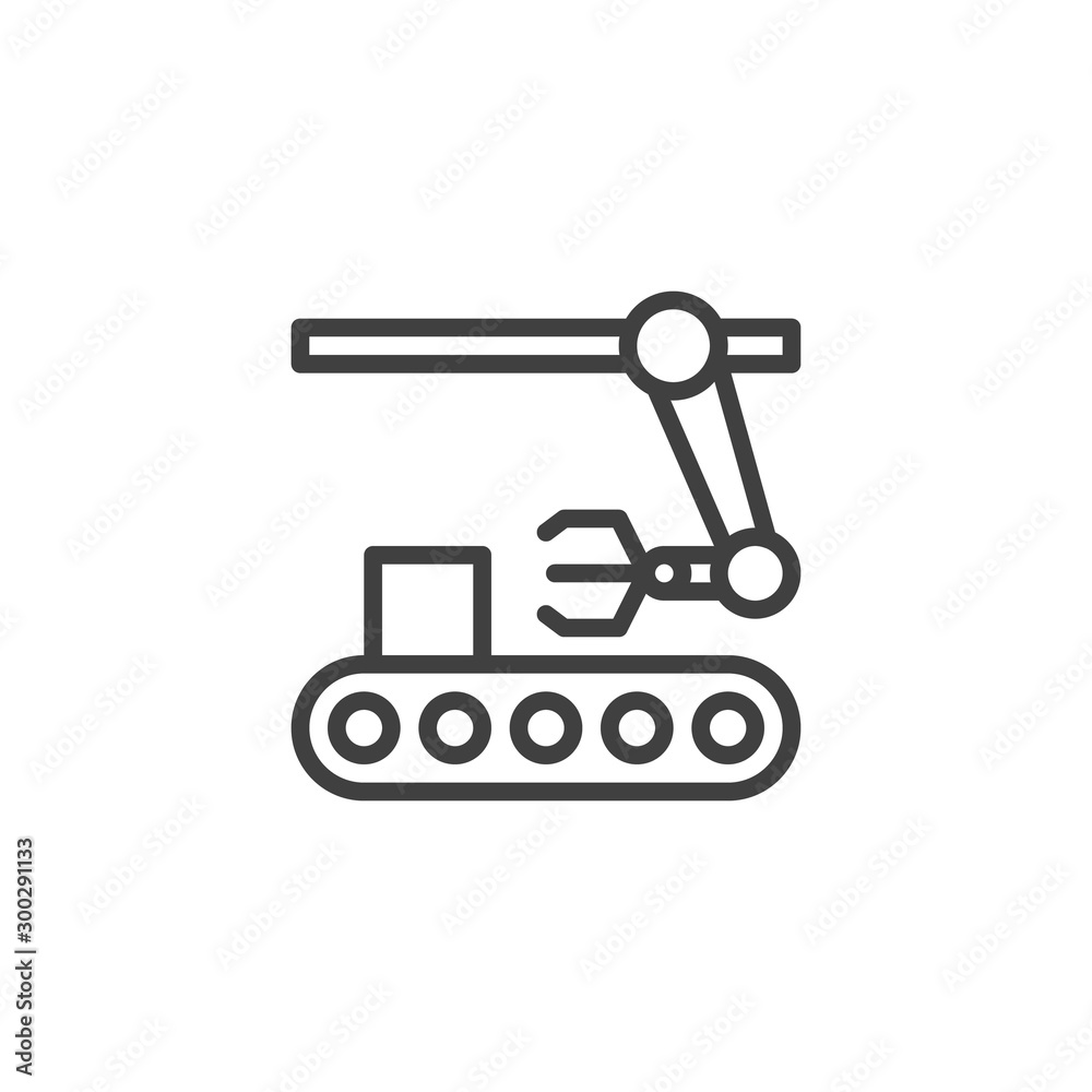 Packing conveyor belt line icon. linear style sign for mobile concept and web design. Manufacture production robotic hand outline vector icon. Symbol, logo illustration. Vector graphics