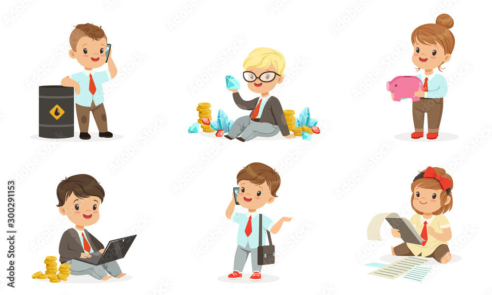 Children businessmen with a bunch of money. Set of vector illustrations.