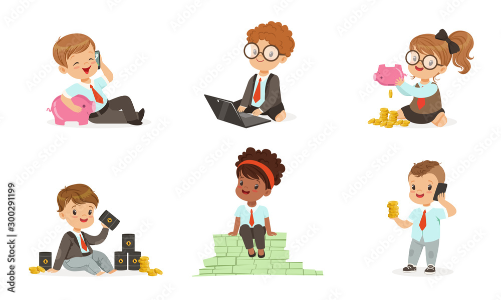 Children in the role of businessmen with money, barrels of oil and piggy banks. Set of vector illustrations. Children in the role of businessmen with money, barrels of oil and piggy banks. Set of vector illustrations.