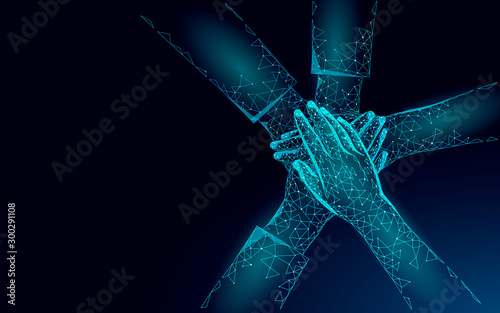 People give five hands together. Team work success supporting professional connections. Hand stack friendship woman united power teamwork achievement partnership. Low poly vector illustration
