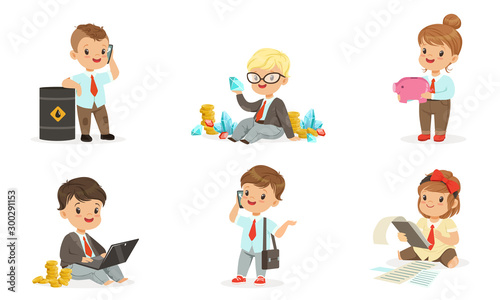 Children businessmen with a bunch of money. Set of vector illustrations.