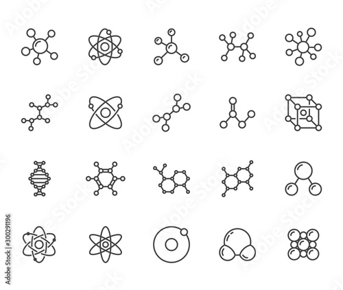 Molecule flat line icons set. Chemistry science, molecular structure, chemical laboratory dna cell protein vector illustrations. Outline signs scientific research. Pixel perfect 64x64 Editable Stroke photo